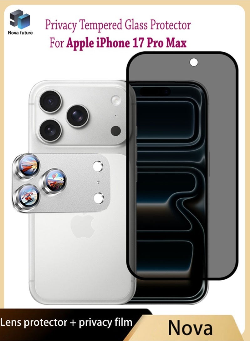 مستقبل نوفا تتضمن مجموعة الحماية 1+1 لهاتف Apple iPhone 17 Pro Max واقي عدسة الكاميرا المعدني [مقاوم للسقوط، تغطية كاملة - أبيض] + واقي شاشة الخصوصية [صلابة 9H، زاوية حجب الشاشة 28 درجة، مقاوم للخدش]. - Image 1